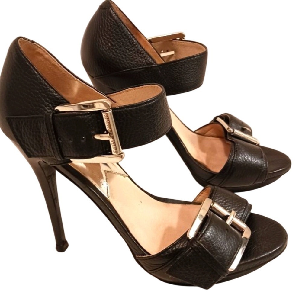 Michael Michael Kors 5" Stiletto Heels Sz 7.5 Black Leather Moderin Buckles Glam